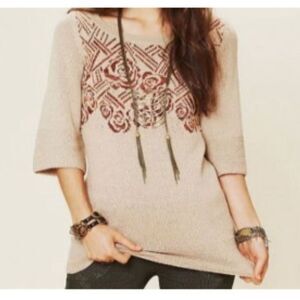 Free People Desert Rose Boho Wool Knit Bell Sleeve Sweater Y2K Tunic- Size XS